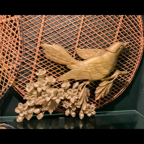 SOLD Vintage Faux Brass Bird Floral Wall Hanging - Picture 2 of 4